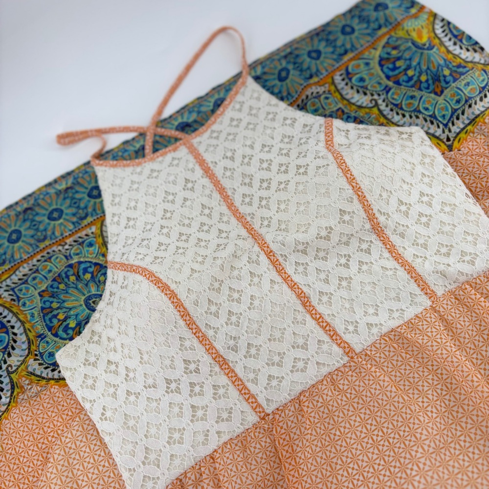 City Triangles Womens Large Orange Lace Paisley Halter Maxi Dress Double Split‎